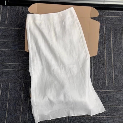 High-end white tencel cotton linen skirt women's summer new high-waisted long slit ramie skirt