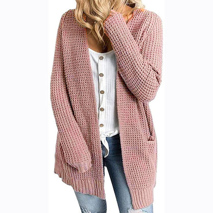 Autumn and winter women's knitted sweater solid color pocket sweater women's cardigan jacket