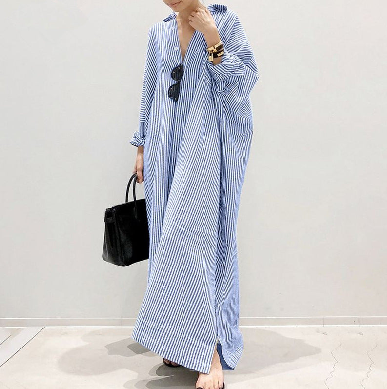 New cotton and linen striped cardigan loose large size temperament commuting irregular dress