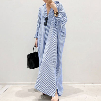 New cotton and linen striped cardigan loose large size temperament commuting irregular dress