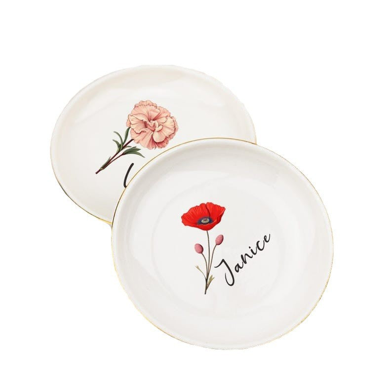 Birthday Flowers and Name Ceramic Ring Plate Jewelry Plate Necklace Storage