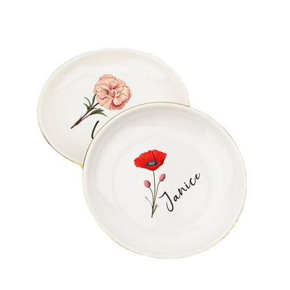 Birthday Flowers and Name Ceramic Ring Plate Jewelry Plate Necklace Storage