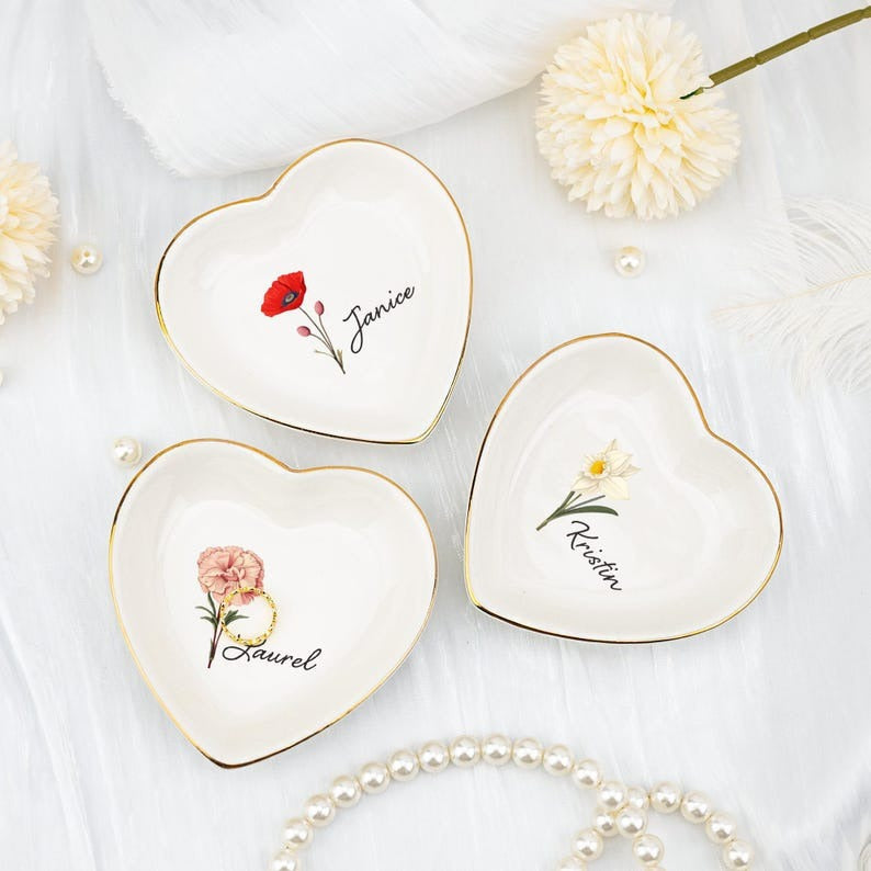 Birthday Flowers and Name Ceramic Ring Plate Jewelry Plate Necklace Storage