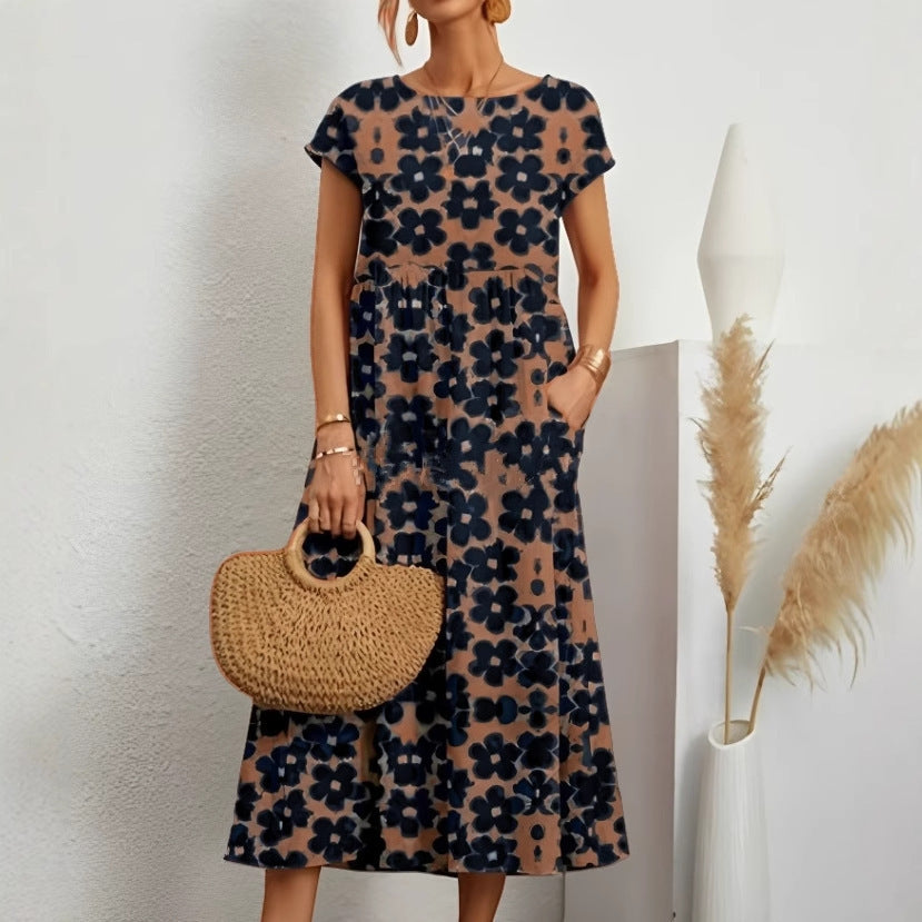 Cotton and linen skirt summer new women's loose round neck printed pocket dress