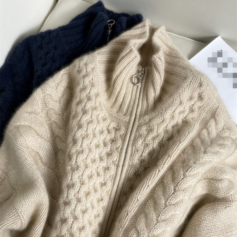 Thickened wool sweater women's fleece turtleneck zipper sweater cardigan lazy loose twist knitted top jacket