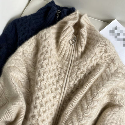 Thickened wool sweater women's fleece turtleneck zipper sweater cardigan lazy loose twist knitted top jacket