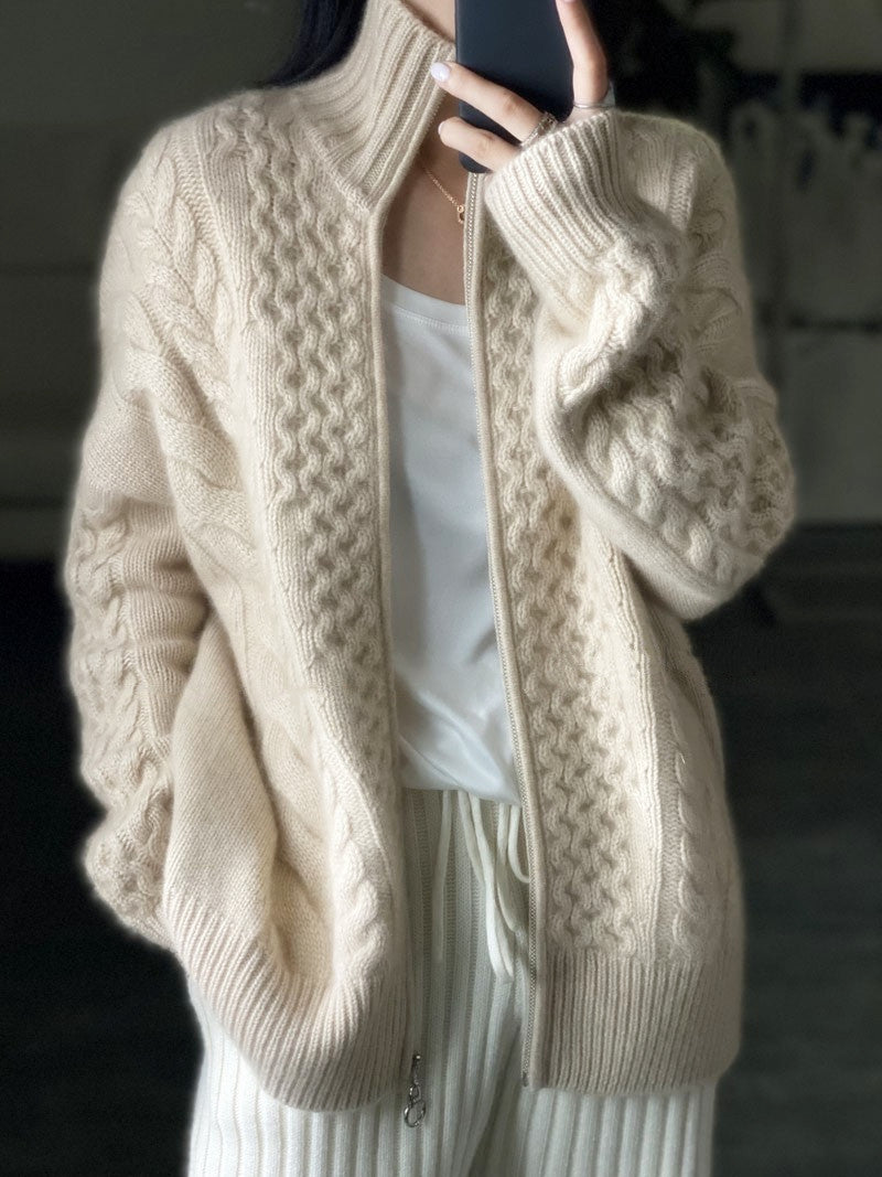 Thickened wool sweater women's fleece turtleneck zipper sweater cardigan lazy loose twist knitted top jacket