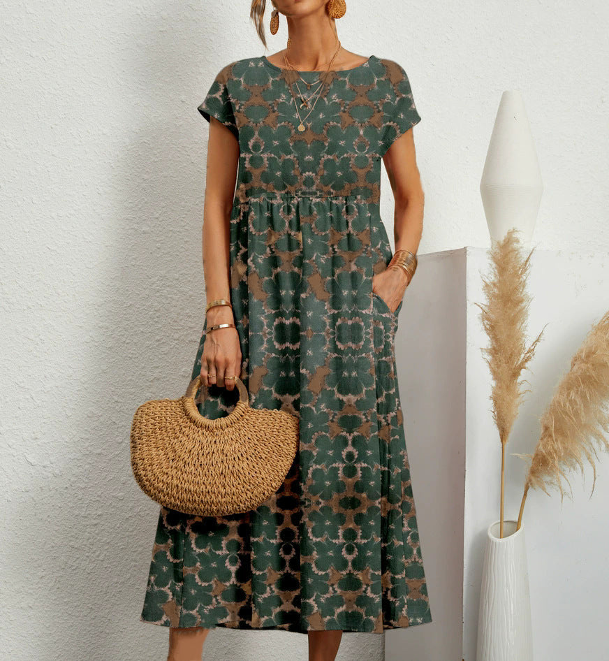 Cotton and linen skirt summer new women's loose round neck printed pocket dress