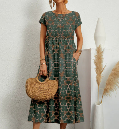 Cotton and linen skirt summer new women's loose round neck printed pocket dress