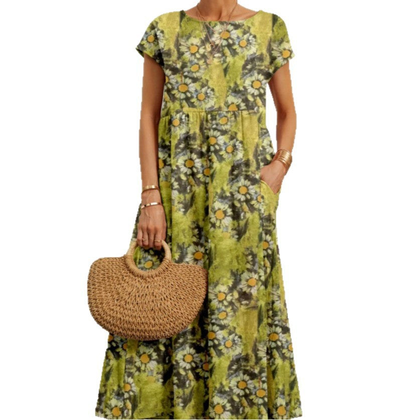 Cotton and linen skirt summer new women's loose round neck printed pocket dress