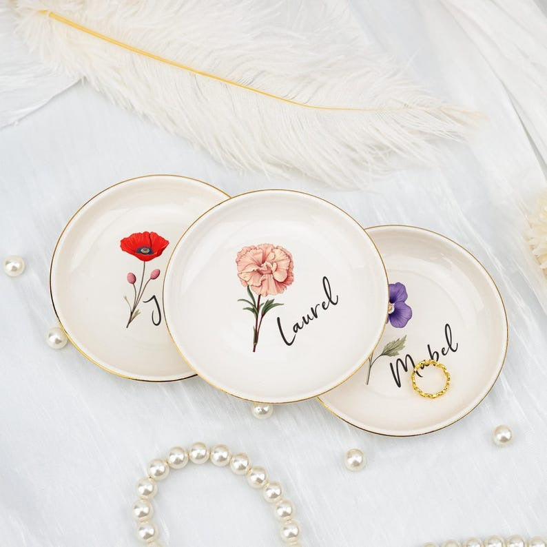 Birthday Flowers and Name Ceramic Ring Plate Jewelry Plate Necklace Storage