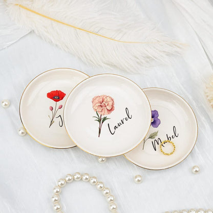 Birthday Flowers and Name Ceramic Ring Plate Jewelry Plate Necklace Storage