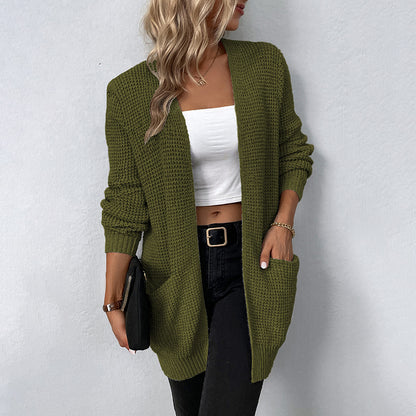 Autumn and winter women's knitted sweater solid color pocket sweater women's cardigan jacket