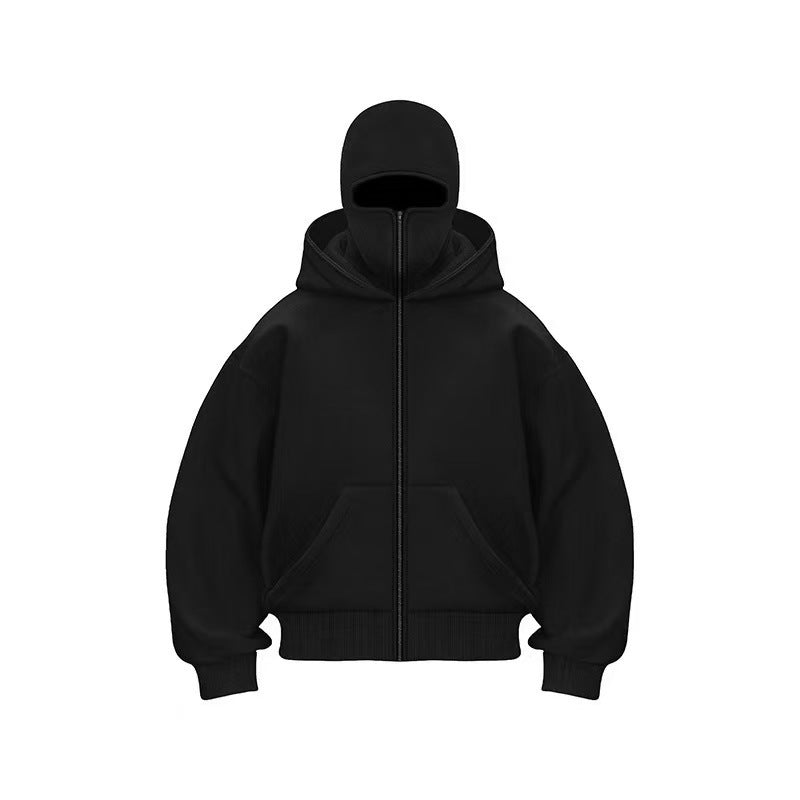 New masked design double-layer hooded zipper sweater jacket loose street men and women couples