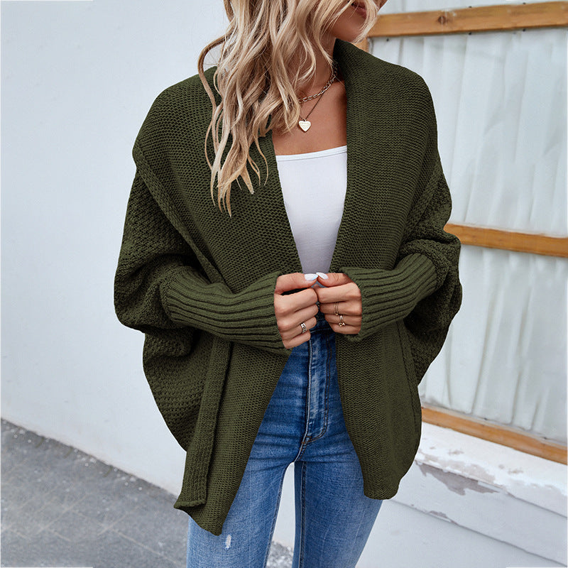 Women's Knitted Sweater Solid Color Bat Sleeve Sweater Cardigan Jacket Women's