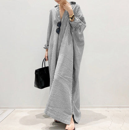 New cotton and linen striped cardigan loose large size temperament commuting irregular dress