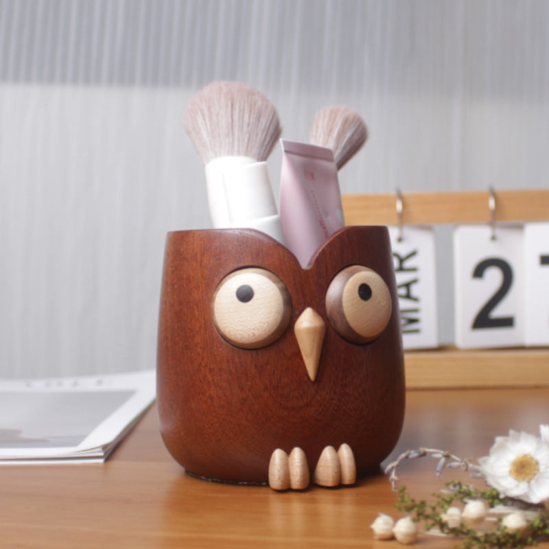 Owl Pen Holder Wooden Pen Holder Makeup Brush Storage Bucket Desktop Ornament Desk Pen Holder Office Stationery Pencil Case